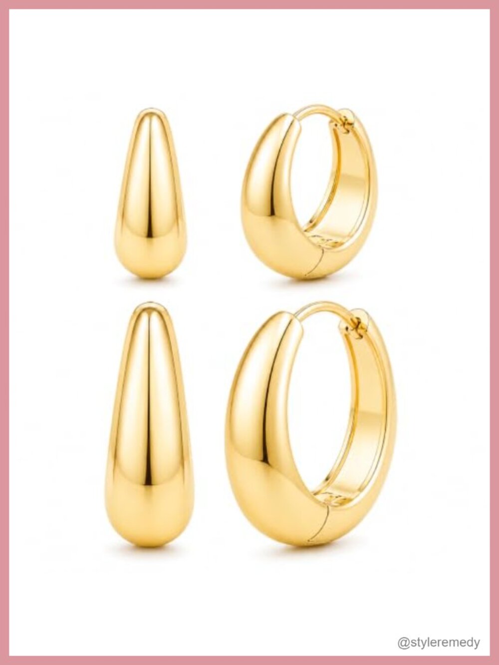14K Gold Plated Chunky Hoop Earrings Set 2 Pairs Huggie